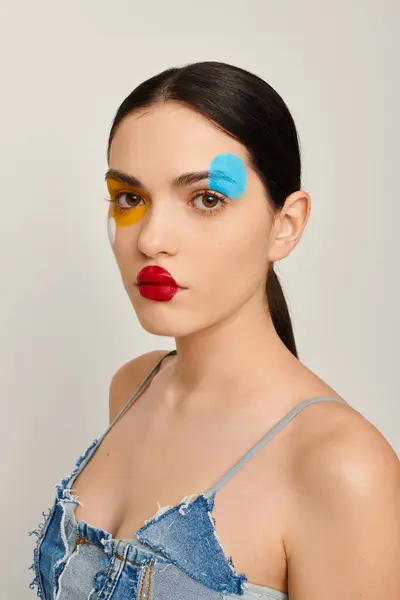 Stilvolle junge Frau mit buntem Gesicht posiert elegant vor neutralem Hintergrund. — Stockfoto