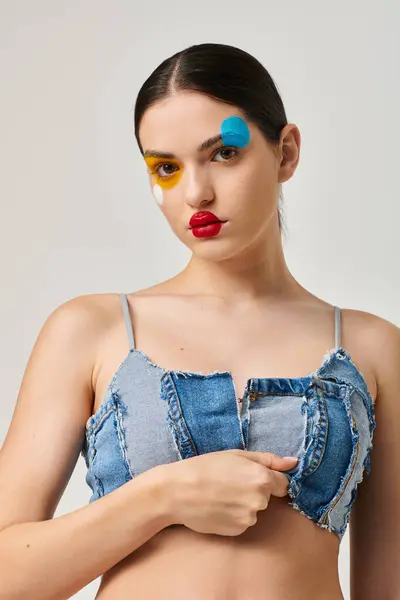 Una joven mujer muestra un vibrante arte facial en una elegante parte superior de mezclilla, destacando su creatividad. - foto de stock