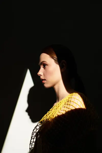 A graceful young woman stands elegantly, bathed in soft light and deep shadows, radiating serenity. — Stock Photo