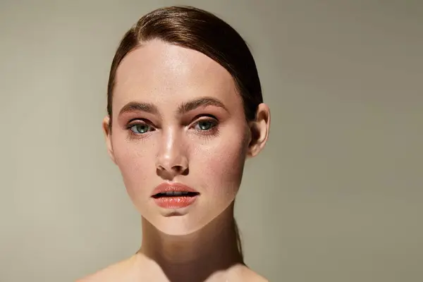 Jeune femme au teint impeccable regarde doucement vers la caméra à la lumière chaude. — Photo de stock