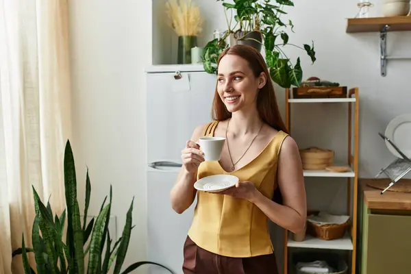 A cheerful woman enjoys her tea surrounded by lush plants in her kitchen. — Stock Photo