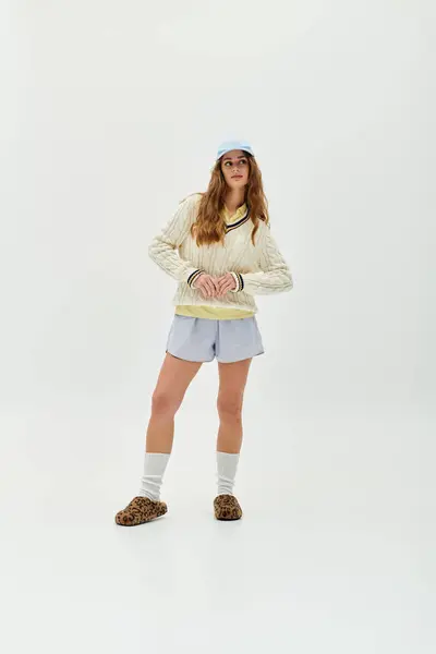 A beautiful young woman showcases her unique style in a cozy outfit, exuding confidence and charm. — Stock Photo