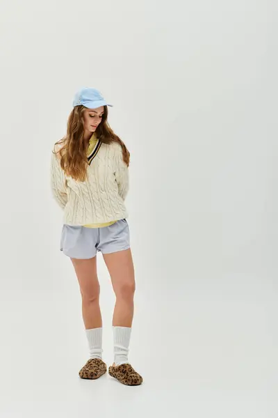 Eine junge, schöne Frau modelliert vor hellem Hintergrund ein trendiges Outfit. — Stockfoto