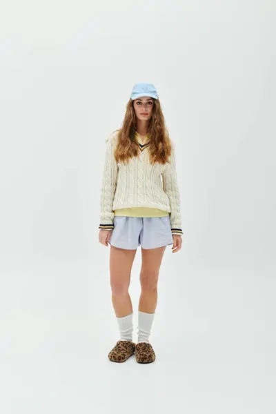 Stylish young woman poses confidently in a chic sweater and fun footwear. — Stock Photo