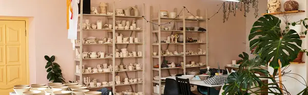 Studio filled with stunning handmade ceramics and vibrant displays. — Stock Photo