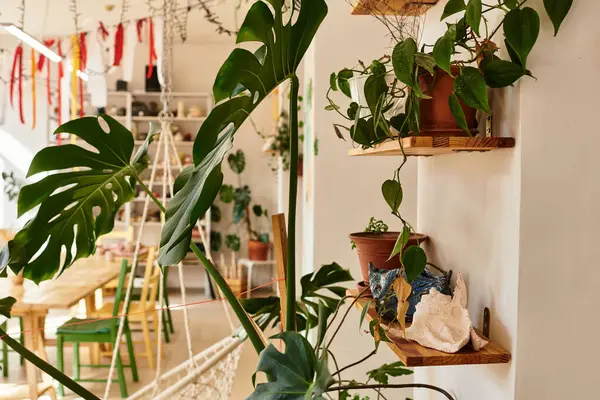 Colorful pottery studio fuses nature and creativity with vibrant plants and unique art. — Stock Photo