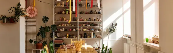 Colorful pottery studio filled with vibrant materials and art in soft midday light. — Stock Photo