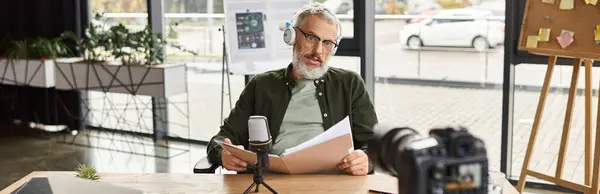 Un uomo in cuffia si unisce a una discussione virtuale presso una scrivania elegante. — Foto stock
