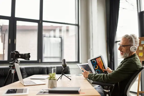 Una persona concentrata si presenta virtualmente in un ambiente ufficio luminoso ed elegante. — Foto stock