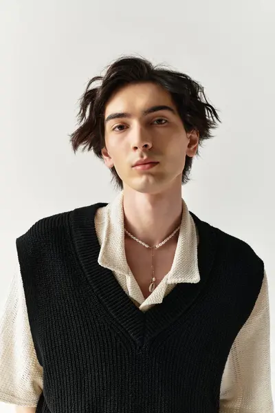 A young man presents a fashionable outfit in a minimalistic studio space. — Stock Photo