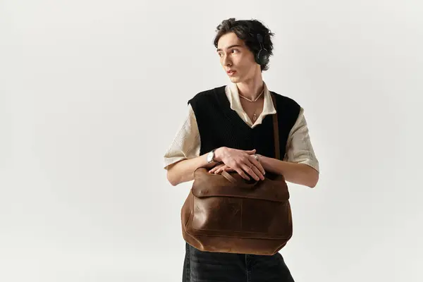 A handsome young man poses confidently in a chic outfit, capturing the essence of modern style. — Stock Photo