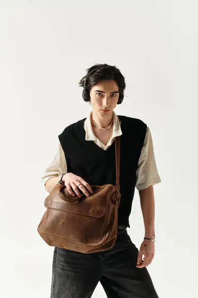 Un joven muestra su moda en un estudio elegante con un traje de moda y un bolso con estilo. - foto de stock