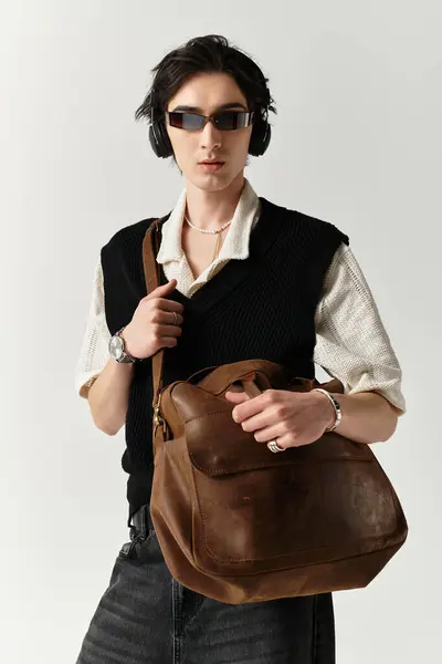 A handsome young man poses confidently, displaying a trendy outfit in a contemporary studio. — Stock Photo