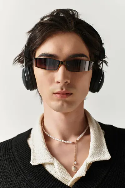 Ein gutaussehender junger Mann posiert selbstbewusst in einem modischen Outfit und trägt elegante Kopfhörer. — Stockfoto