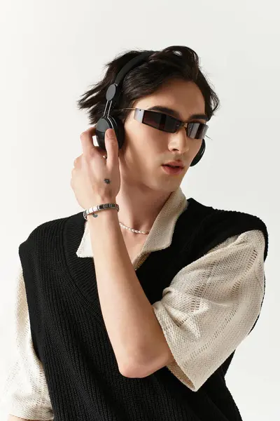 Hombre joven guapo en un traje de moda posa con confianza mientras usa auriculares. - foto de stock