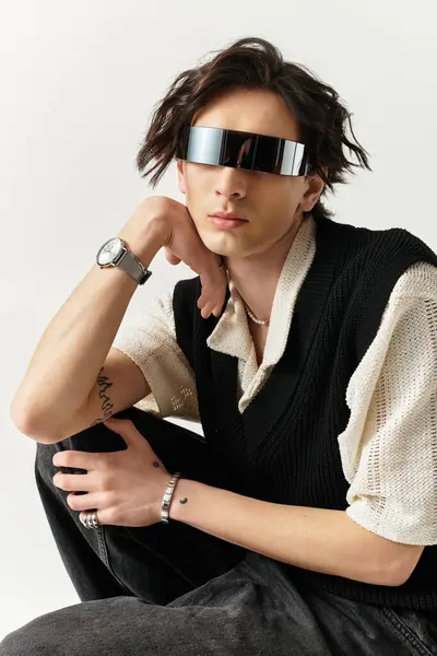 A handsome young man in a trendy outfit poses confidently in a stylish studio, exuding charisma. — Stock Photo