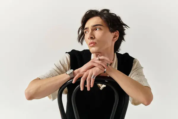 A handsome young man in a stylish outfit poses thoughtfully with a chair in a studio. — Stock Photo