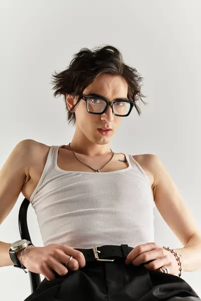 Slim young man in a white tank top poses stylishly in a vibrant studio setting. — Stock Photo
