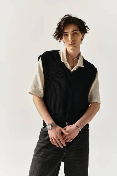 A stylish young man poses in a studio, flaunting a trendy outfit with confidence. — Stock Photo