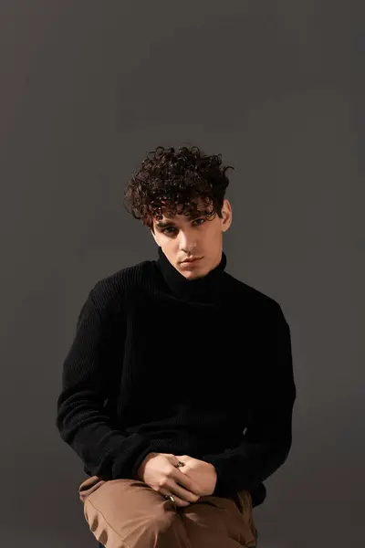 Un charmant jeune homme aux cheveux bouclés s'assoit avec désinvolture dans un pull élégant. — Photo de stock