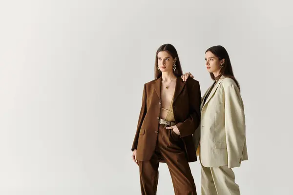 Two beautiful twin sisters wear elegant outfits, exuding confidence and style in a studio. — Stock Photo