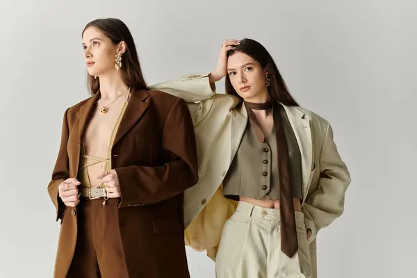 Young twin sisters express their personalities through chic attire and confident poses. — Stock Photo