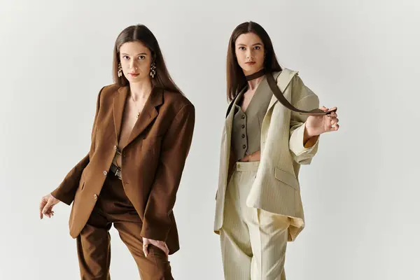 Twin sisters exude confidence and elegance while posing in coordinating outfits in a studio. — Stock Photo