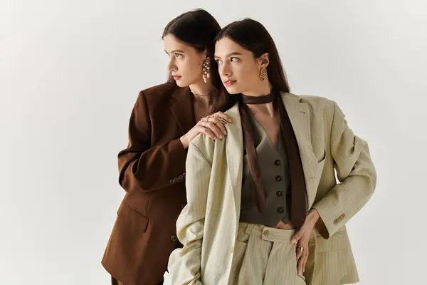 Twin sisters elegantly pose together, radiating confidence and style while connecting. — Stock Photo