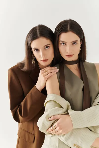 Twin sisters display stylish outfits, enjoying a close and joyful moment together. — Stock Photo