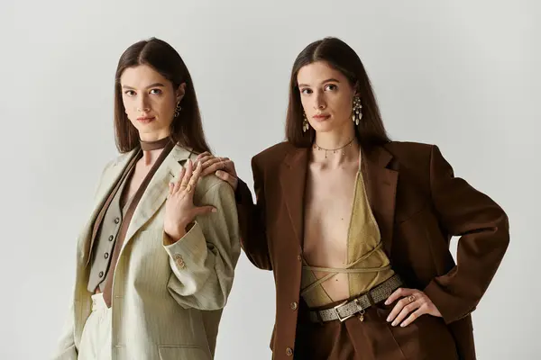 Dos hermosas hermanas gemelas están de pie con confianza, mostrando sus estilos distintos y fuerte vínculo. - foto de stock