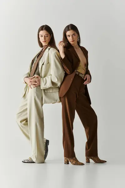 Two beautiful twin sisters showcase their unique styles while bonding in a minimalist setting. — Stock Photo