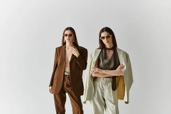 Beautiful twin sisters pose in chic outfits while exuding elegance and strong family ties. — Stock Photo