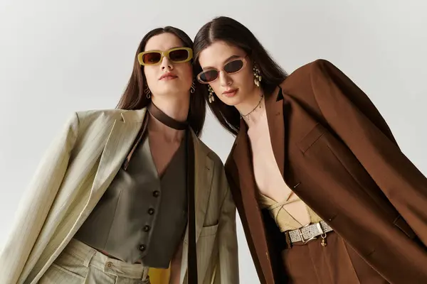 Beautiful twin sisters wear trendy outfits and accessories, exuding confidence and style. — Stock Photo