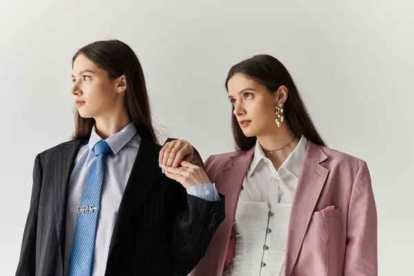 Two stylish twin sisters pose closely, showcasing their unique styles and bond. — Stock Photo