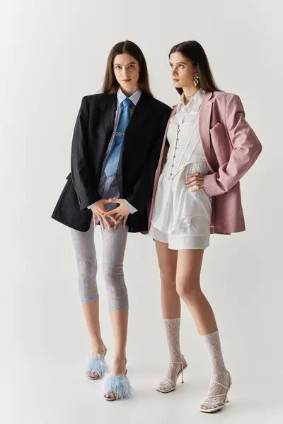 Twin sisters display their unique fashion choices and strong sibling bond in a chic studio. — Stock Photo