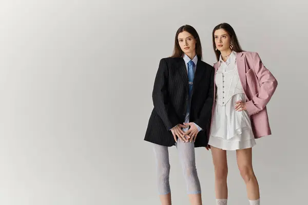 Two beautiful twin sisters pose confidently in unique outfits, celebrating their bond and style. — Stock Photo