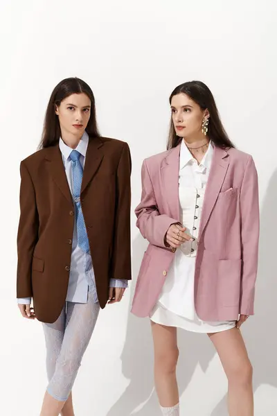 Two beautiful young sisters showcase their trendy outfits while bonding in a stylish studio. — Stock Photo