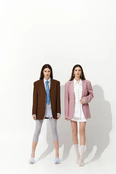 Zwillingsschwestern präsentieren ihre einzigartigen Styles in trendigen Outfits und selbstbewussten Posen. — Stockfoto