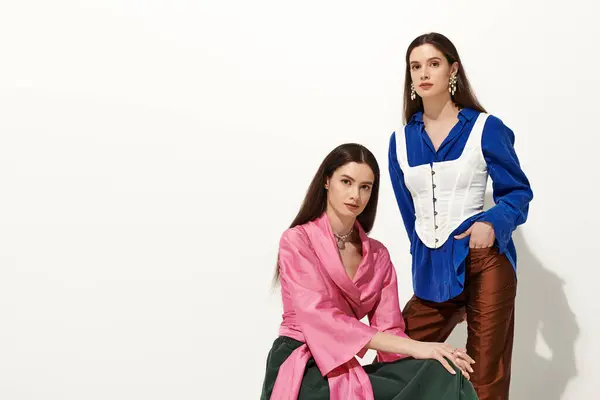 Two beautiful young twin sisters pose elegantly while celebrating their fashionable styles. — Stock Photo