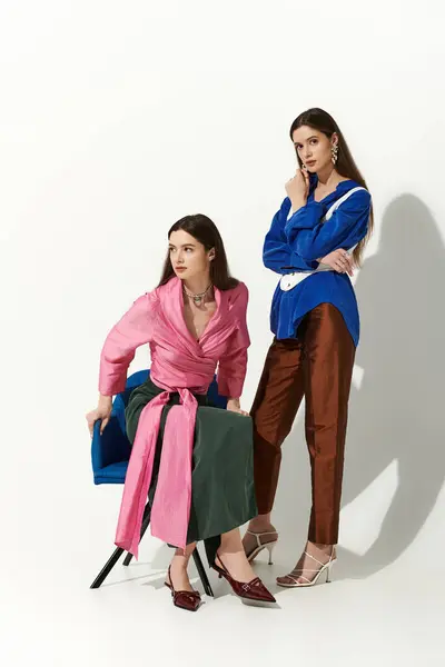Twin sisters exude charm and style with their coordinated outfits in a chic, minimal environment. — Stock Photo