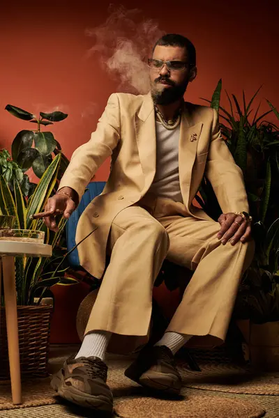 A fashionable young man sits in a cozy corner surrounded by vibrant plants, exuding summer vibes. — Stock Photo