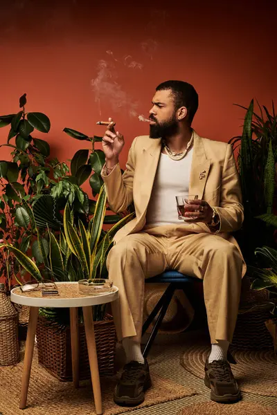 Un giovane elegante si rilassa con un drink, trasudando moda estiva mentre immerso nel verde lussureggiante. — Foto stock