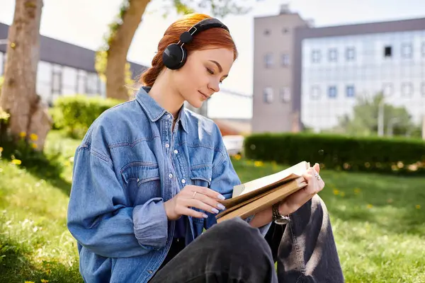 In un parco vibrante, una donna dai capelli rossi si rilassa sull'erba, persa nel suo libro e nella sua musica. — Foto stock