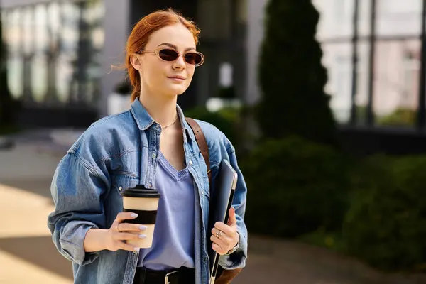 Red haired woman strolls confidently with a coffee cup in hand on a warm sunny day in the city — Stock Photo