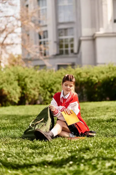 Un joven estudiante adulto se sienta sobre hierba verde, abriendo un cuaderno y disfrutando del agradable clima. - foto de stock