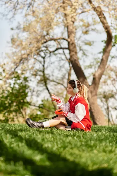 Young college student relaxes on the grass, immersed in her stylish outfit, enjoying music. — Stock Photo