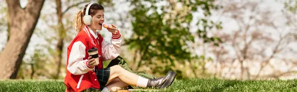 A young adult in a red bomber jacket relaxes on the grass, savoring a donut while studying, banner — Stock Photo