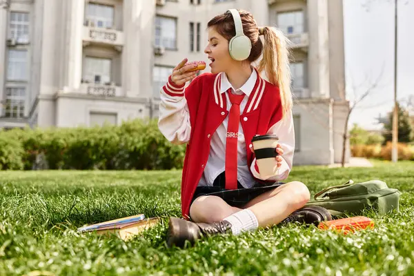 A college girl in a red bomber jacket enjoys a donut and coffee while sitting on the grass. — Stock Photo