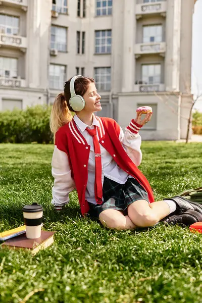A young adult in a red bomber jacket relaxes on grass, enjoying a snack and music. — Stock Photo