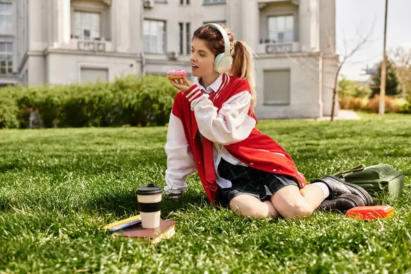 Auf dem Gras sitzend, genießt ein stylisches College-Mädchen einen Snack, während sie die Sonne genießt. — Stockfoto